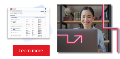 instructor smiling at laptop with screen shot of Connect resource platform next to image.