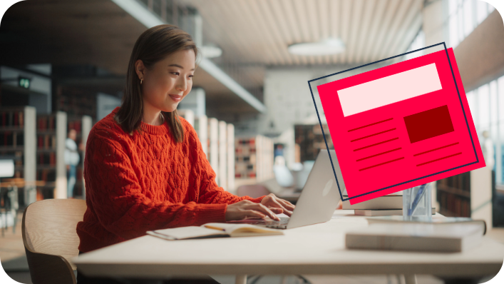 Female student working on their laptop with a decorative red document brand icon. Female student working on their laptop with a decorative red document brand icon.